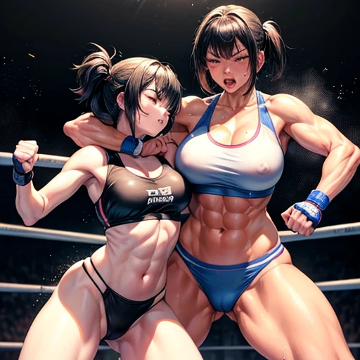 Two injured Japanese sexy musclar female heavy weight mixed martial artists fighting in the ring。Short black hair。Glaring at someone。They are pushing opponent's body by fist so hard  each other violently. Drooling from the mouth。One eye closed。Serious expression。A fighting expression。Drenched in sweat。A well-trained body。Six Pack Abs。very huge breasts。Erect nipples。Open Finger Gloves。shortness of breath。sports-bra. bikini.knee high sox. arm cover. Very thick thighs and arms.