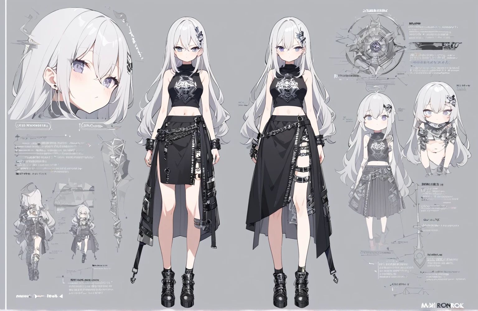 1 girl 150 cm tall. long silver hair, Small face, Full body diagram, metal rock clothing maxi skirt black