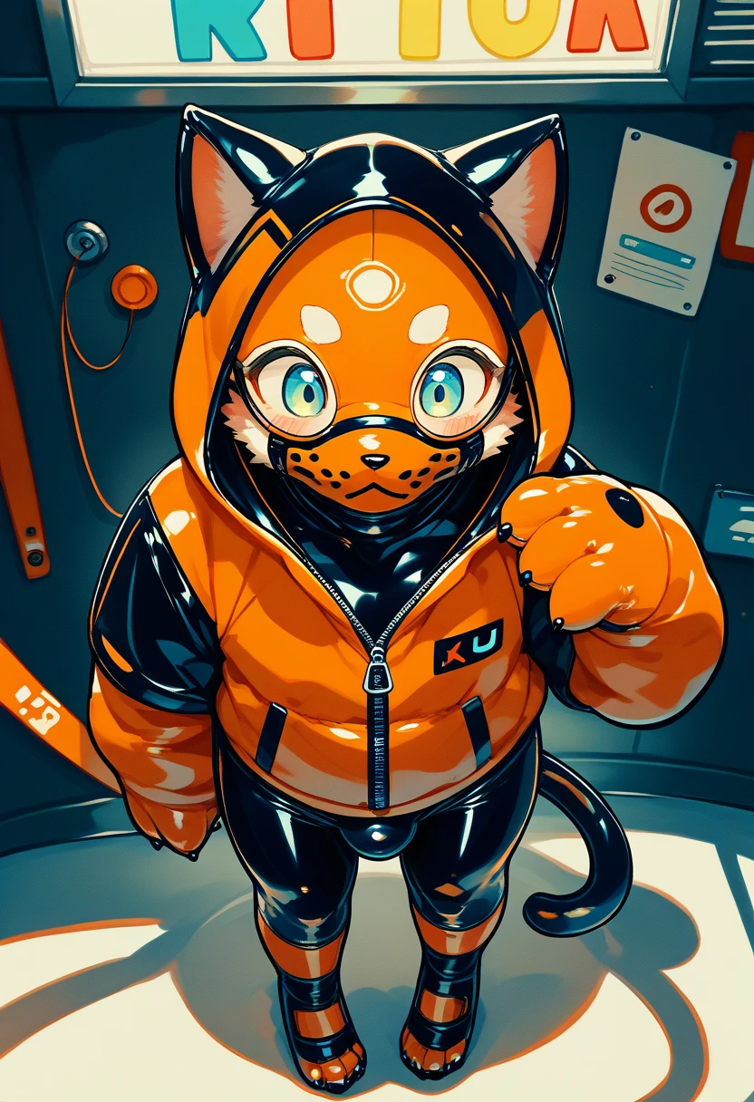 Highest quality, Highest quality, High quality illustrations, masterpiece, Ultra-high resolution, Detailed Background, Games Room, Absurd, Perfect Anatomy, performance, Good lighting, Shadows in the movies(kemono, Furry PersonifiCation), Cat, Dark Skin, Rubber suit, Rubber suit, latex, neon, neonライト, neonカラー, Rubber spats, Orange rubber hoodie,  Rubber mask, ribbon, Embarrassing, Null bulge, male, juvenile, from above