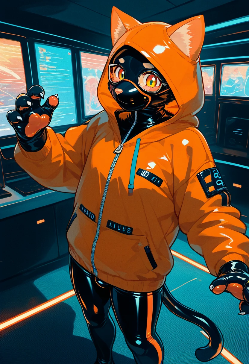 Highest quality, Highest quality, High quality illustrations, masterpiece, Ultra-high resolution, Detailed Background, Games Room, Absurd, Perfect ???????, performance, Good lighting, Shadows in the movies(kemono, Furry PersonifiCation), Cat, Dark Skin, Rubber suit, Rubber suit, latex, neon, neonライト, neonカラー, Rubber spats, Orange rubber hoodie,  Rubber mask, ribbon, Embarrassing, Null bulge, male, juvenile, from above