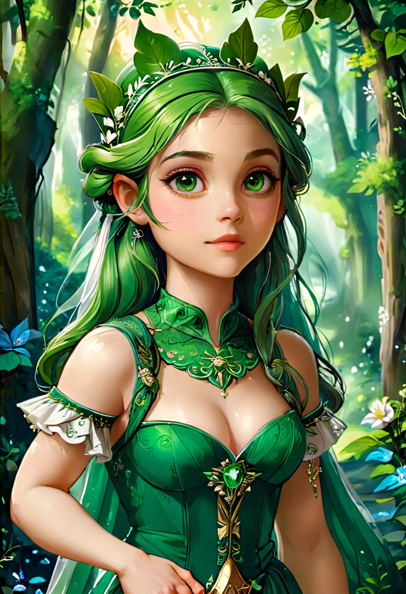 a masterful best quality, award winning masterpiece, portrait done by Raphael of Princess Zelda, ((anatomically correct: 1.5)), wearing intricate glamour green and white elven dress, elven forest background background, Ultra-high resolution, High Contrast, (masterpiece:1.5), highest quality, Best aesthetics), best details, best quality, highres, 16k, [ultra detailed], masterpiece, best quality, (extremely detailed), chumbasket art style, style of Raphael , evening dress