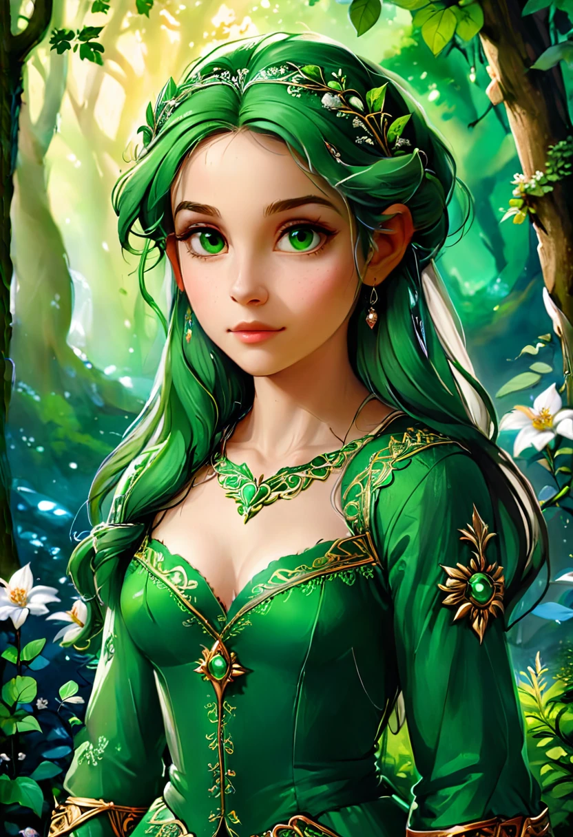 a masterful best quality, award winning masterpiece, portrait done by Raphael of Princess Zelda, ((anatomically correct: 1.5)), wearing intricate glamour green and white elven dress, elven forest background background, Ultra-high resolution, High Contrast, (masterpiece:1.5), highest quality, Best aesthetics), best details, best quality, highres, 16k, [ultra detailed], masterpiece, best quality, (extremely detailed), chumbasket art style, style of Raphael , evening dress