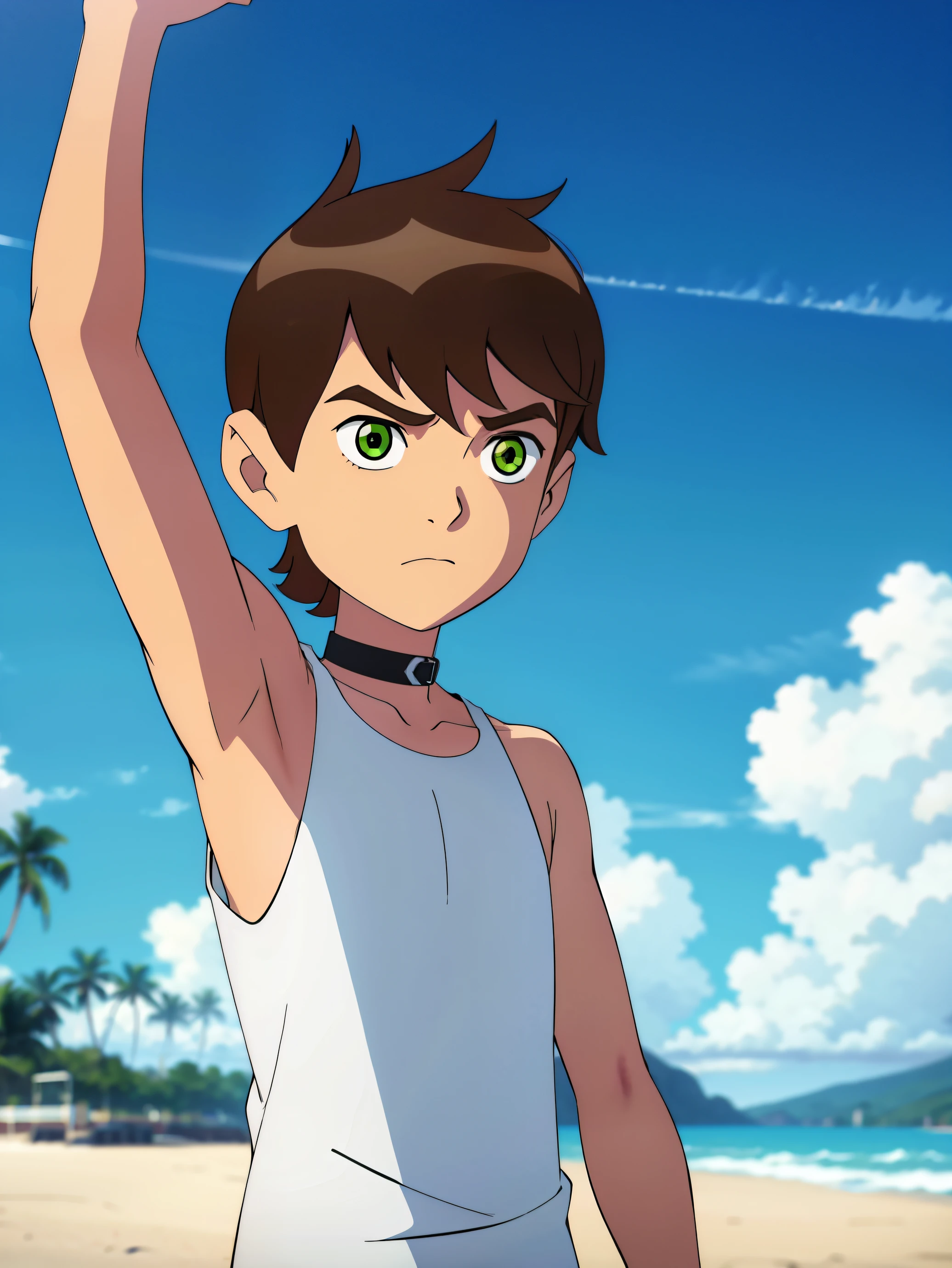 Highres, Masterpiece, Best quality at best,Best Quality,hight quality, hight detailed, boy, 1boy, shota, Bentennyson, Green eye, Brown hair, short body, Tank top, Coolarbone, upper body, Choker, Seen from the front, (Armpit), uhd, Blue sky, beach, Blurry beckground