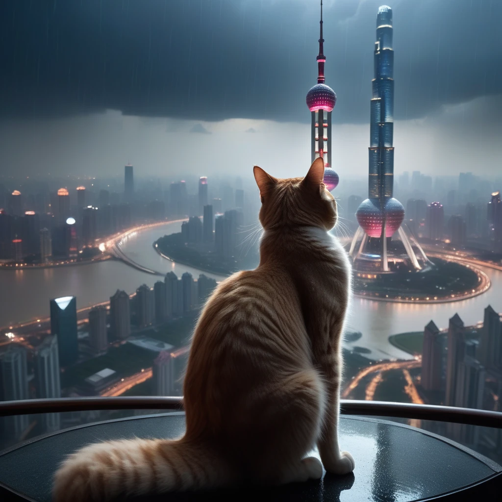 A cinematic masterpiece! A long shot captures the majestic scene: a colossal cat sprawled atop the Oriental Pearl Tower in Shanghai, umbrella in paw, as thunderstorms rage above and rain pours down. The cat's fur glistens with dew, while its eyes shine like polished onyx. In the background, city lights twinkle like diamonds. The framing emphasizes the tower's sleek curves, as a delicate balance of light and shadow defines the scene. Each strand of fur, each drop of rain, is meticulously rendered in high-definition, inviting the viewer to step into this extraordinary world.
