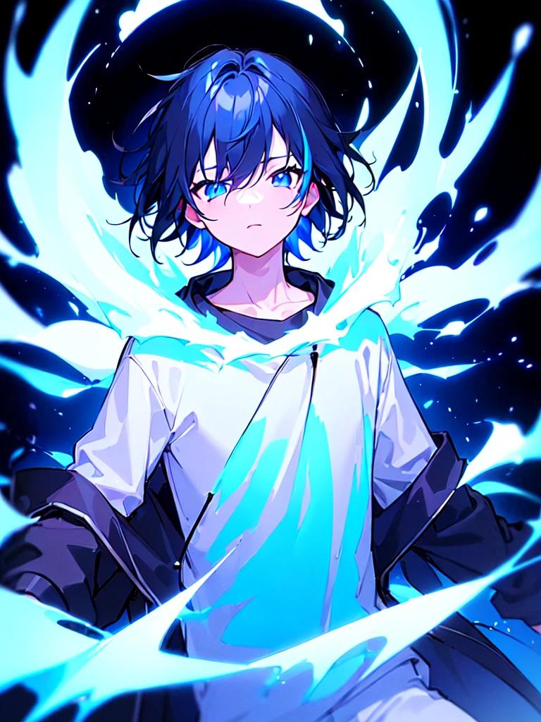 [(BLACK BACKGROUND:1.5),::5], ((((masterpiece)))), high quality, ultra very high resolution, full color, (((solo))), (((little boy))), BLACK hair, (Blue streaked hair), (oriental deepblue eyes), anime, ((upper body)), Summer clothes, neon light, black parka, (negative effect:1.3)