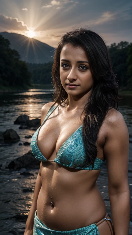 Trks, tkrs, trisha krishnan,Beautiful indian milfy woman, wearing bikini, river and mountain landsape, moonlit night, age, detailed face, detailed body, symmetric face, cute, iconic, photorealistic, big breasts, big belly, belly piercing, soft body, wavy hair, masterpiece, 8k, ultra realistic, detailed background, palace, god rays, ambient occlusion, hands down, photorealistic