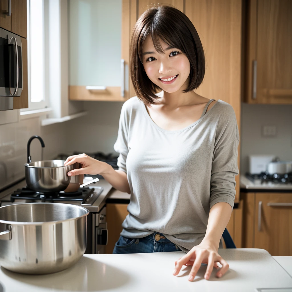 Highest quality,a girl, one girl,solo focus,raw photo,bloom,4K,8K,Realistic,Japanese women,一人のJapanese women,Age 25,Clear,kind,Beautiful eyes,Calm,smile,smaile,teeth,short brown hair,,Large Breasts,healthy,positive,Very detailed,Casual Style,Background is cooking,kitchen,one girl