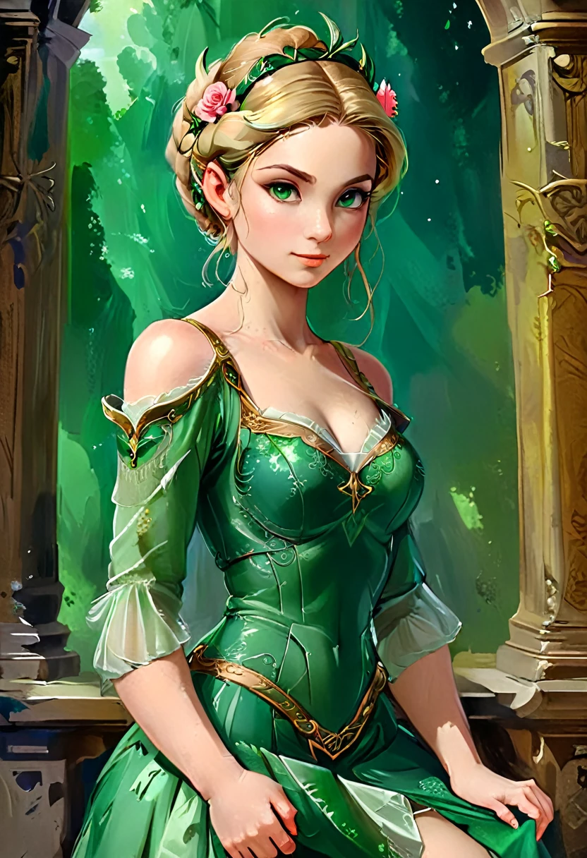 aa masterful best quality, award winning masterpiece, oil painting portrait done by Michelangelo of Princess Zelda, ((anatomically correct: 1.5)), small pointed ears, wearing intricate glamour green elven dress, elven forest background background, Ultra-high resolution, High Contrast, (masterpiece:1.5), highest quality, Best aesthetics), best details, best quality, highres, 16k, [ultra detailed], masterpiece, best quality, (extremely detailed), chumbasket art style, style of Michelangelo Buonarroti, evening dress, oil painting