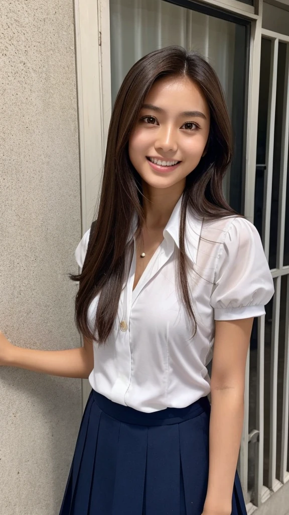 Ayu, the Indonesian woman with straight or slightly wavy dark brown hair, medium-sized expressive dark brown eyes, smooth tan or light brown skin, a moderately tall and slender figure, an oval or slightly round face, a nose that is not too prominent, and a friendly smile with neat teeth, is currently a student at a vocational high school (SMK). She is dressed in a typical Indonesian , consisting of a white blouse and a knee-length navy blue skirt, as she actively participates in school activities.