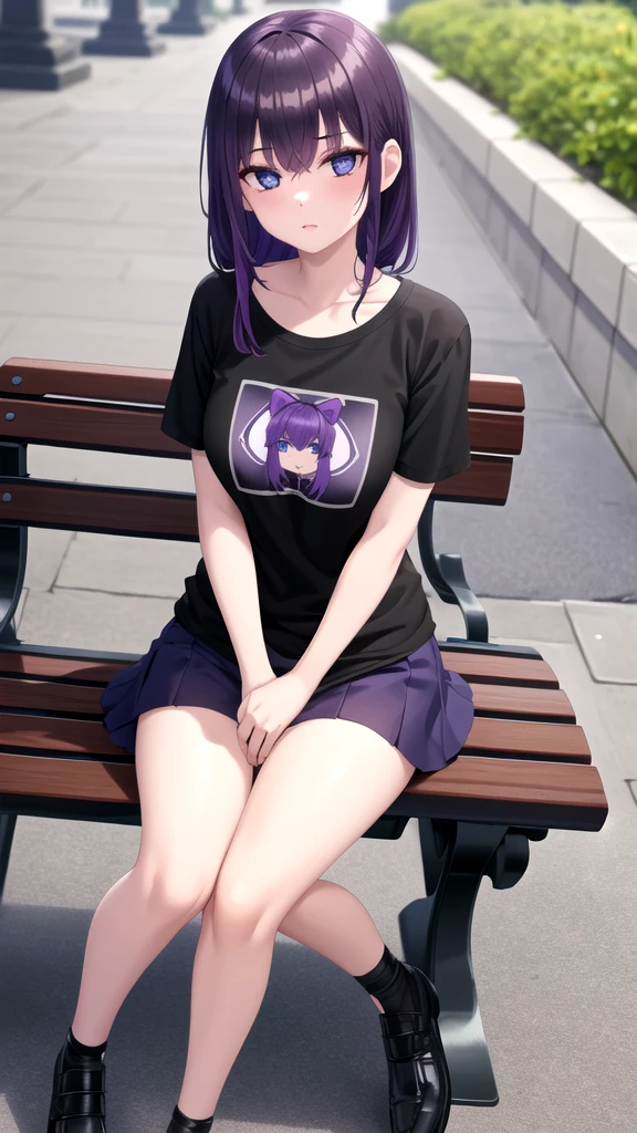 masterpiece, best quality, high quality, ,dark forsest, 1girl, solo, 19-year-old girl,female focus, looking at viewer , purple hair,black T-shirt ,black mini skirt , blue eyes, sitting on a bench