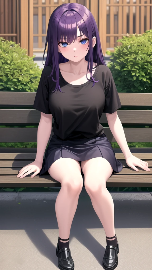masterpiece, best quality, high quality, ,dark forsest, 1girl, solo, 19-year-old girl,female focus, looking at viewer , purple hair,black T-shirt ,black mini skirt , blue eyes, sitting on a bench