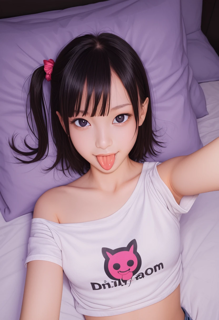 pastel colors t-shirt,off-shoulder look,bare shoulder,ollarbone,midriff peek,micro shorts,open mouth,(tongue out:2),lying,Selfie,front view,upper body,(1girl,Beautiful  girl),((Slender,Small breasts,Small face,)),(looking at viewer),Black Hair,bangs,one side up,Beautiful and detailed,(Dimly lit room:1.5),Simple Background,White bed,pillow,Mischievous smile
