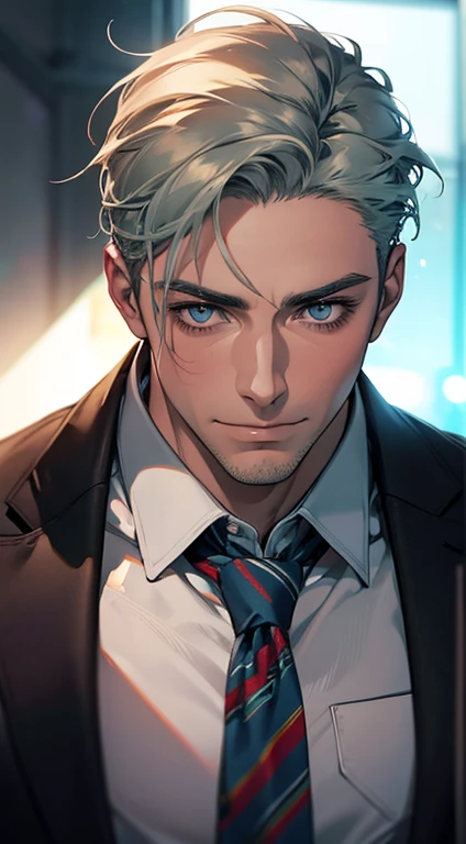 (best quality,4k,8k,highres,masterpiece:1.2),ultra-detailed,(realistic,photorealistic,photo-realistic:1.37),1 man,31 years old,mature man,very handsome,without expression,smile,short grey green hair,blue eyes,penetrating gaze,perfect face without errors,imposing posture,businessman,office background,cinematic lighting,hdr image