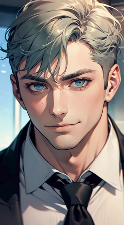 (best quality,4k,8k,highres,masterpiece:1.2),ultra-detailed,(realistic,photorealistic,photo-realistic:1.37),1 man,31 years old,mature man,very handsome,without expression,smile,short grey green hair,blue eyes,penetrating gaze,perfect face without errors,imposing posture,businessman,office background,cinematic lighting,hdr image