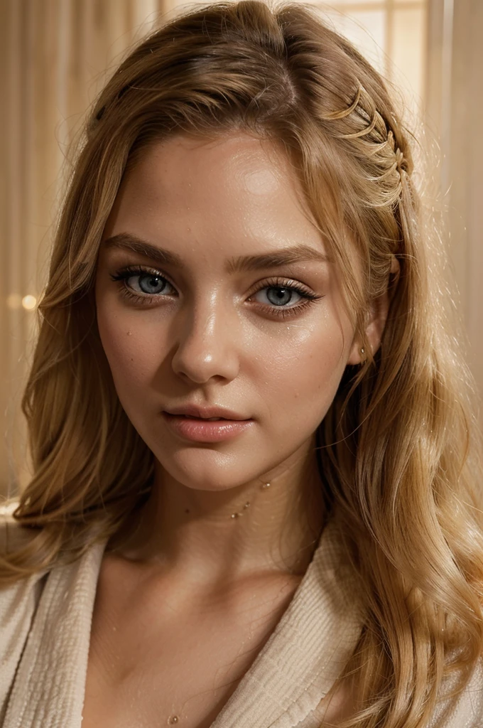 a beautiful blonde girl, wearing a bathrobe, in a luxury hotel, lying on the bed, detailed beautiful eyes, detailed beautiful lips, extremely detailed face, long eyelashes, elegant pose, photorealistic, 8k, high quality, masterpiece, intricate details, warm lighting, atmospheric, cinematic, dramatic, elegant, glamorous, photo portrait, hair a bit wet