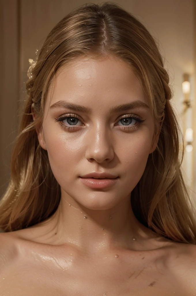 a beautiful blonde girl, wearing a bathrobe, in a luxury hotel, lying on the bed, detailed beautiful eyes, detailed beautiful lips, extremely detailed face, long eyelashes, elegant pose, photorealistic, 8k, high quality, masterpiece, intricate details, warm lighting, atmospheric, cinematic, dramatic, elegant, glamorous, photo portrait, hair a bit wet