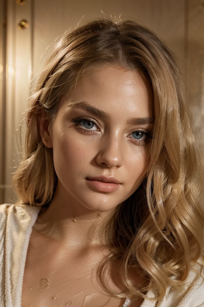 a beautiful blonde girl, wearing a bathrobe, in a luxury hotel, lying on the bed, detailed beautiful eyes, detailed beautiful lips, extremely detailed face, long eyelashes, elegant pose, photorealistic, 8k, high quality, masterpiece, intricate details, warm lighting, atmospheric, cinematic, dramatic, elegant, glamorous, photo portrait, hair a bit wet