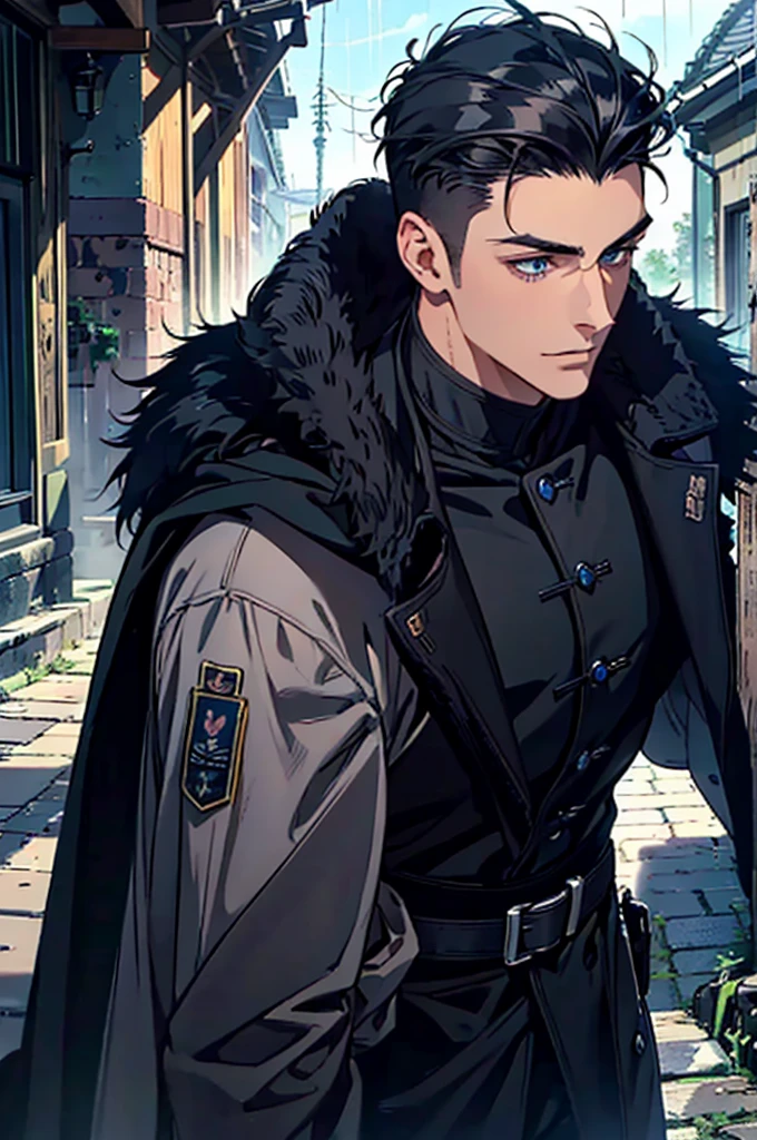 Masterpiece, Highest quality, Heavy rain, battlefield, realistic, 1 person, mature man, A quiet and charming young man, 30 years old, smile, gag, Portrait, Highly detailed face, 寒さとsmile, ((blue eyes)), ((black short hair)), [Thick eyebrows], dark palace, ((black long coat)), ((all black)), (blue eyes) ,Short Black Quiff Hair with Soft Fringe, Black hair tied in a low bun, shaved on the sides, hair turned to the left of the middle, handsome. , muscle, Facial expressions, Black Knight Armor , black fur shawl(Masterpiece,best quality,special, (Broad shoulders)) (muscle), male focus,anime boy gradient anime Black hair tied in a low bun, shaved on the sides, turned to the left of center. Serious face.