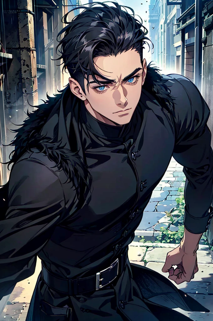 Masterpiece, Highest quality, Heavy rain, battlefield, realistic, 1 person, mature man, A quiet and charming young man, 30 years old, smile, gag, Portrait, Highly detailed face, 寒さとsmile, ((blue eyes)), ((black short hair)), [Thick eyebrows], dark palace, ((black long coat)), ((all black)), (blue eyes) ,Short Black Quiff Hair with Soft Fringe, Black hair tied in a low bun, shaved on the sides, hair turned to the left of the middle, handsome. , muscle, Facial expressions, Black Knight Armor , black fur shawl(Masterpiece,best quality,special, (Broad shoulders)) (muscle), male focus,anime boy gradient anime Black hair tied in a low bun, shaved on the sides, turned to the left of center. Serious face.
