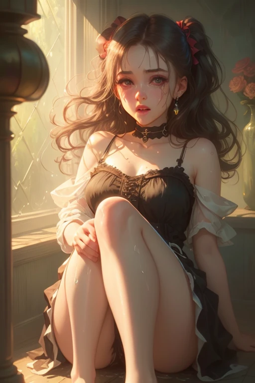 A girl with big eyes, excited expression, dark gothic makeup, double eyelids, eyes prone to black eyes, long eyelashes, wearing a gothic dress with knee-high socks and twin tail hair, beautiful and detailed eyes, beautiful and dense lips, high resolution face, long eyelashes, cinematic composition, (best quality,4K,8K,highres,masterpiece:1.2),ultra-detailed,(realistic,photorealistic,photo-realistic:1.37), sitting 、moisturizing skin, sweaty, barefoot, in ecstasy, embarrassed, blushing, distorted facial expressions, flowing tears, soaking wet, chained, in a room with stained glass,Gothic luxury room、Rose flower、