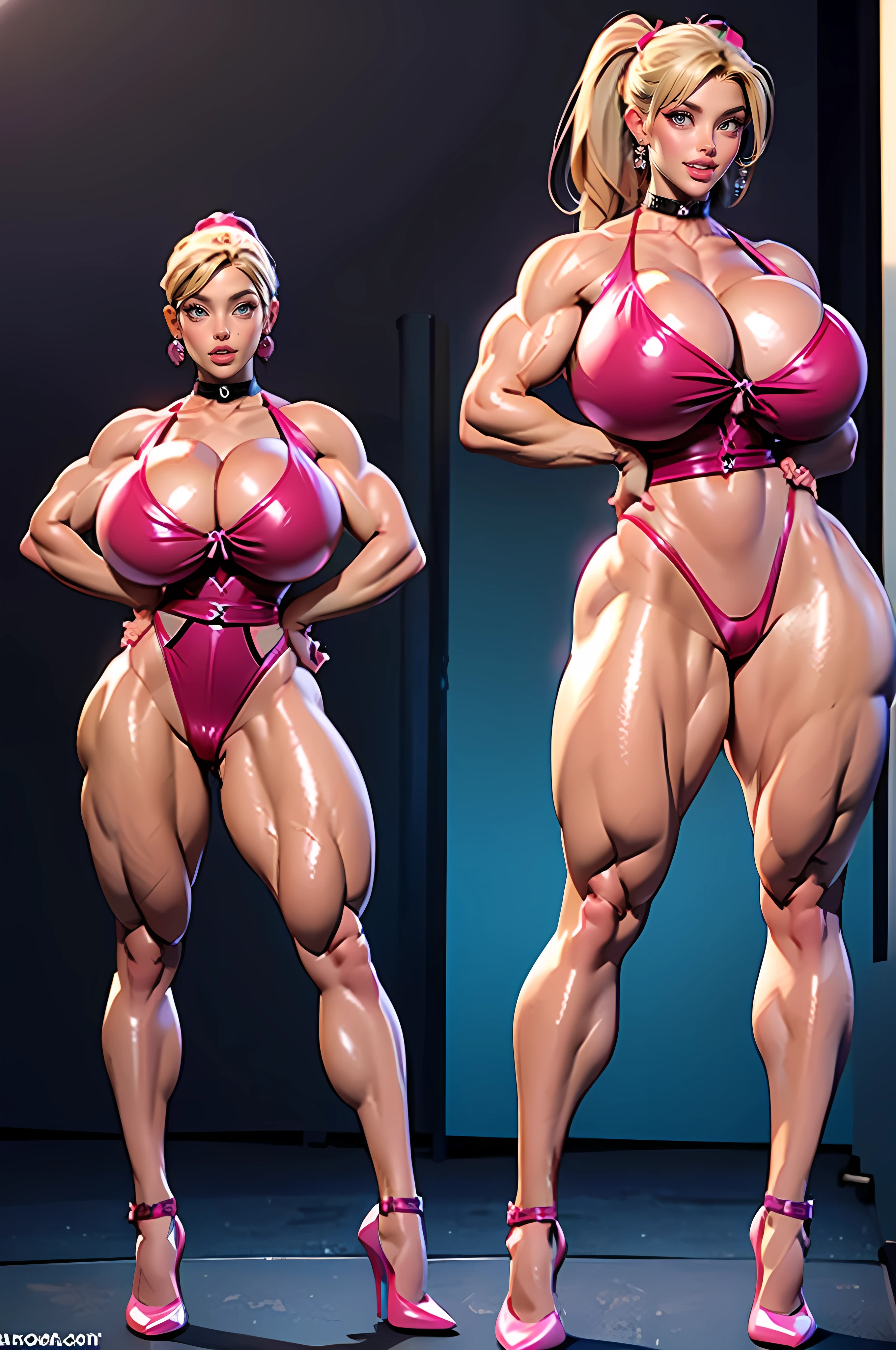 best quality, Full body, (arched back), (shoulders back), (thigh gap), ((sexy)), Long legs, tiny waist, narrow waist, (wide hips:2), (massive female bodybuilder:1.9), (Huge breasts:1.9), Caucasian girl, skinny body, long blonde hair, (hair in pigtails:1.0), young, (arms above head), ballet pose, perfect skin, open mouth, white teeth, plump lips, no body-fat, small areola, wearing black choker on neck with silver ring, pink ribbon in hair, oiled skin, shiny skin, nude, lightweight, feminine, veiny, long legs, LONG NIPPLES, arched back, ENORMOUS NIPPLES, hairless genitals, eye contact, 