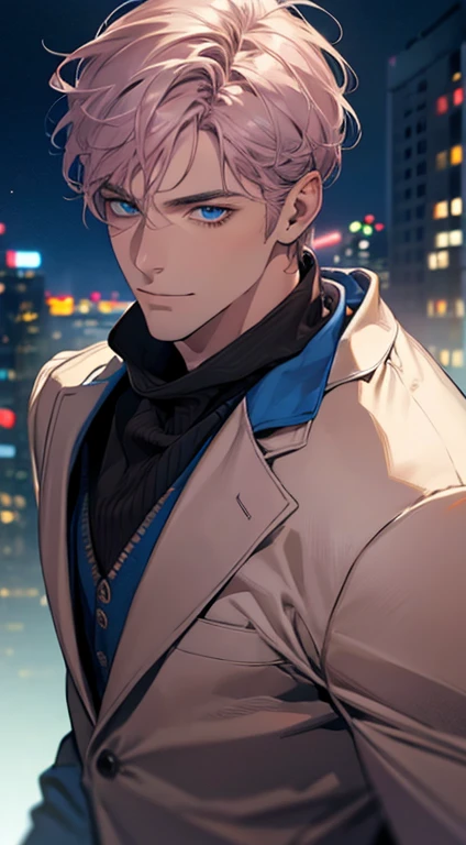 (best quality,4k,8k,highres,masterpiece:1.2),ultra-detailed,(realistic,photorealistic,photo-realistic:1.37),1 man,31 years old,mature man,very handsome,without expression,smile,short grey pink hair,blue eyes,penetrating gaze,perfect face without errors,imposing posture,businessman,office background,cinematic lighting,hdr image