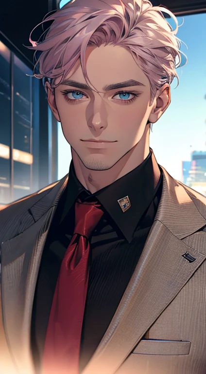 (best quality,4k,8k,highres,masterpiece:1.2),ultra-detailed,(realistic,photorealistic,photo-realistic:1.37),1 man,31 years old,mature man,very handsome,without expression,smile,short grey pink hair,blue eyes,penetrating gaze,perfect face without errors,imposing posture,businessman,office background,cinematic lighting,hdr image