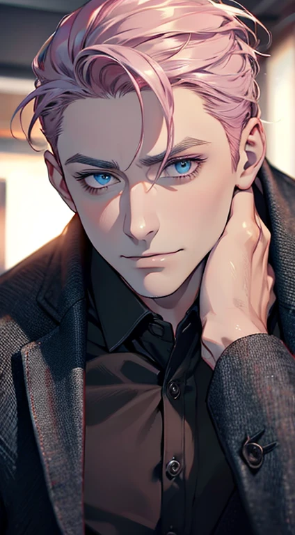(best quality,4k,8k,highres,masterpiece:1.2),ultra-detailed,(realistic,photorealistic,photo-realistic:1.37),1 man,31 years old,mature man,very handsome,without expression,smile,short grey pink hair,blue eyes,penetrating gaze,perfect face without errors,imposing posture,businessman,office background,cinematic lighting,hdr image