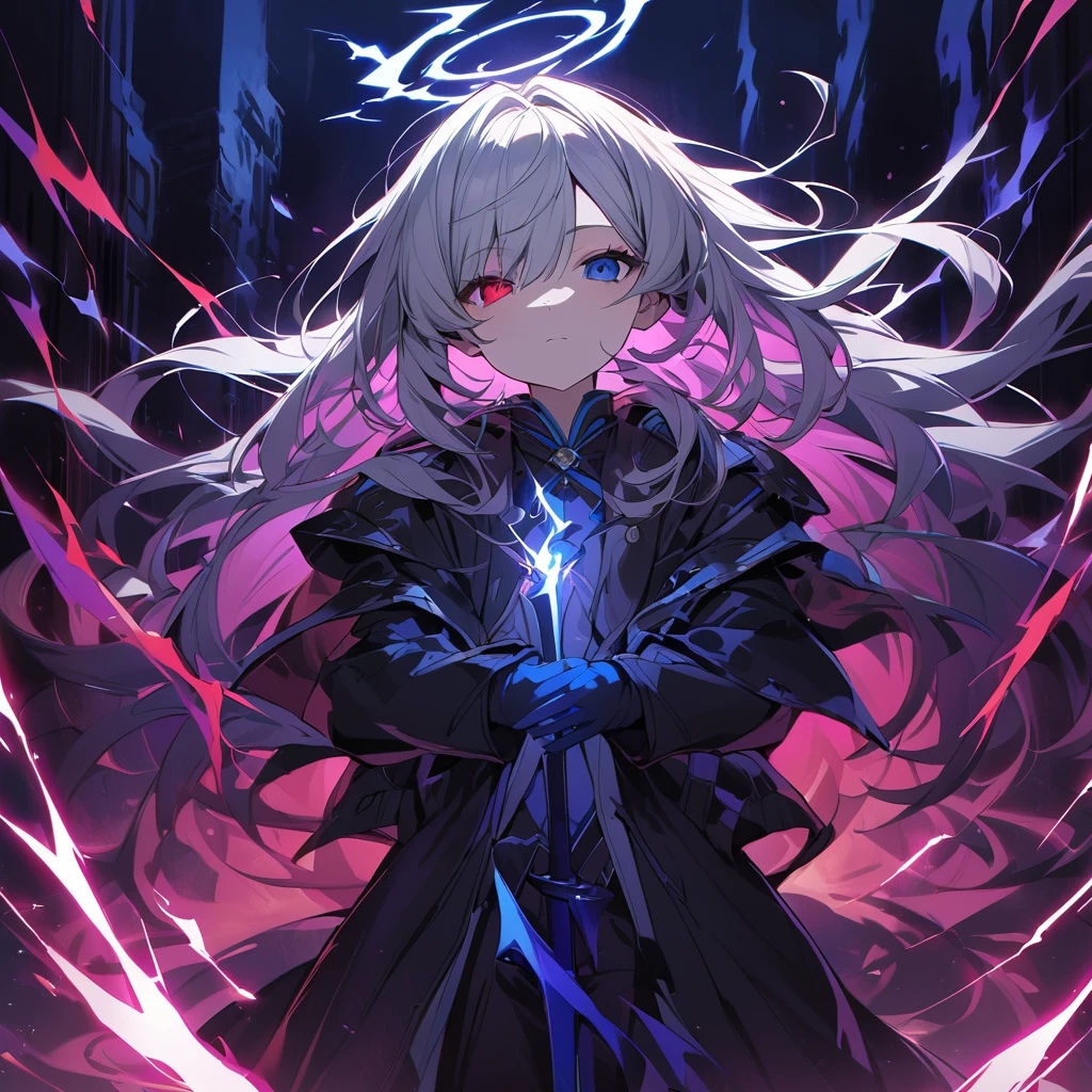 elementary, Shadow Surrounding Girl, lightning, Green Aura, Red aura, Purple aura, Flames surrounding the girl, masterpiece, Dark Theme, Highest quality, Maximum details, Very fine eye, Professional coloring, cinematic lightning, Remaining, Written boundary depth, Backlight, One Girl, Young girl, Silver Hair, Long Hair, 目の間のLong Hair, Black Halo, Shining blue sea, Blue Flame, Fantasy-inspired costumes, Black long coat, shirt, Black trousers, Expressionless, Heterochromia iridis, Deep purple left eye, Blue right eye, Odd Eye, Show a close-up of your face, Facing forward, Countless magical swords are floating, Slashing Effects