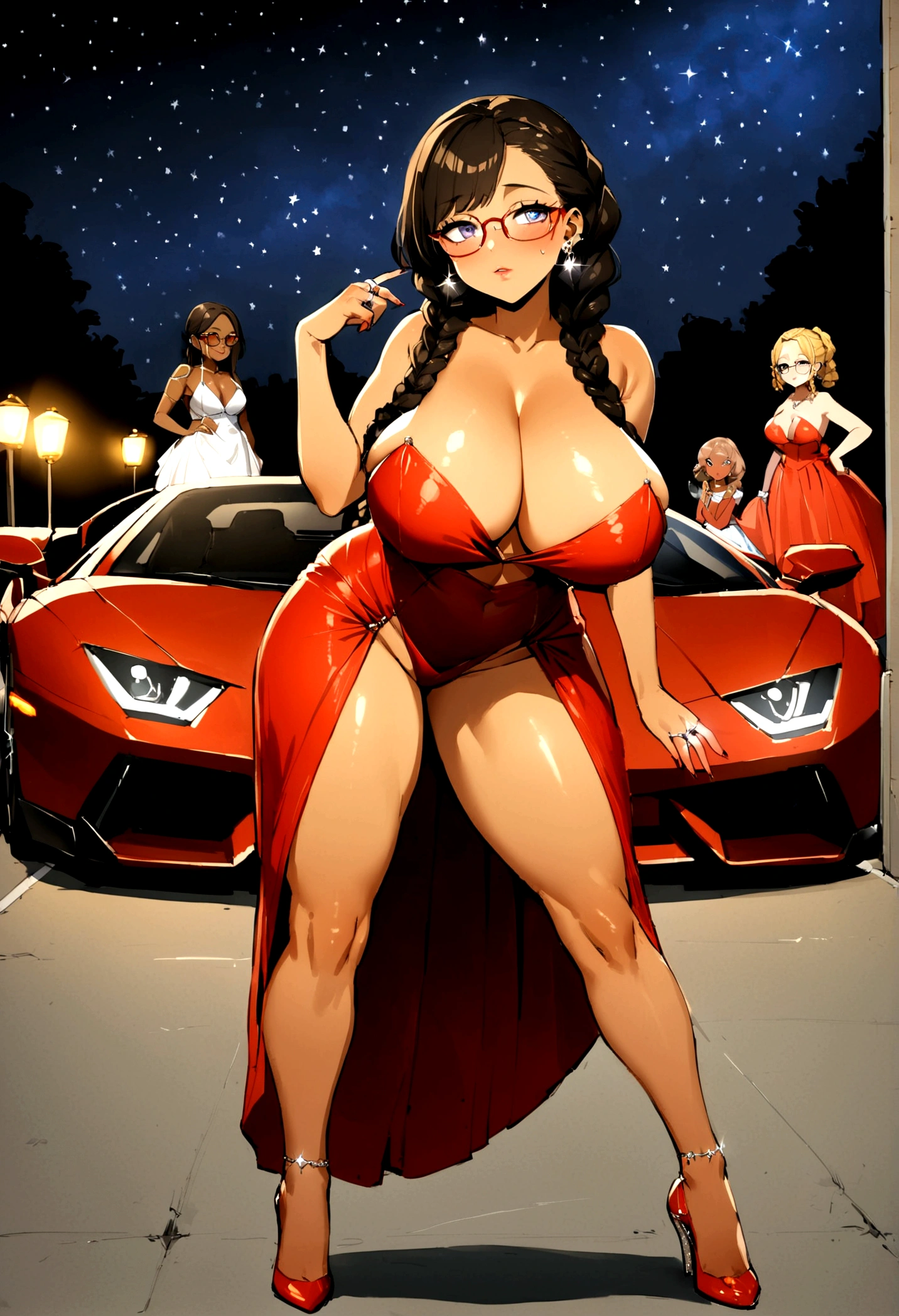 3 girls,  looking light skinned African American , with box braids, glasses, huge big  , big thick ass, cute, sexy, beautiful face, wearing sparkly red dress, clear colored high heels, wearing ring earring, taking pictures in front of red lambo, 4k quality, night time, beautiful stars in sky, make up on her face, school prom,