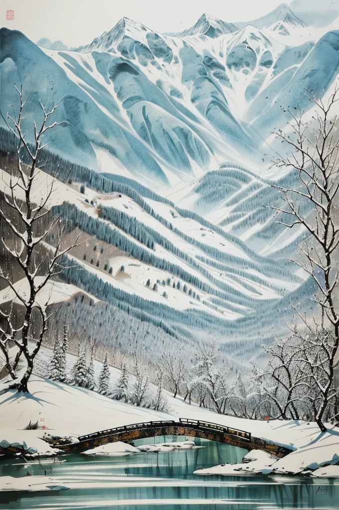 Changbai Mountain in winter,Chinese ink painting style