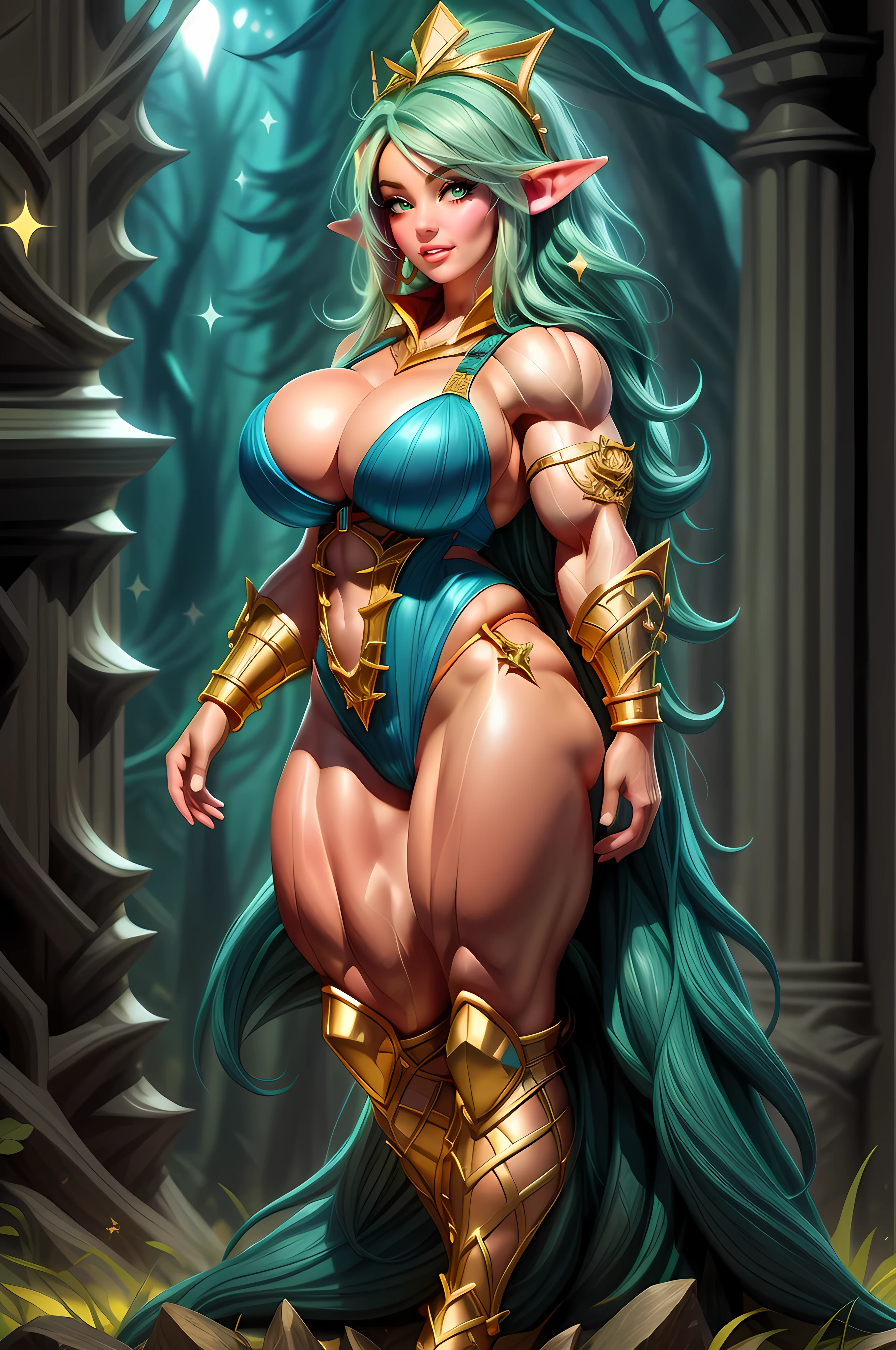 Portrait of (Jess Nigri) as elf girl with freckles and bright striking blue eyes posing for a photo,(full body:1.5), (Tall), bare shoulders, (Massive Female Bodybuilder:1.7), (Huge breasts:1.5), thongs, (cameltoe) white freckles, long flowing green hair flying, glowing radiance, beautiful pale makeup, color portrait, stunning portrait, elegant freckles, wearing black thongs, black gloves, starshine, gold dust spread across her skin and her face, dark, hyper-realistic photos refraction ,Dark background of magical night forest, deep woods, towering ruins, starlight skies, A mystical and epic landscape, featuring a fantastical and surreal world of floating islands, giant trees, and mythical creatures, that transport the viewer to a world of imagination and wonder, artstation, digital art, intricate, trending, bright colors suitable for viewing in public places