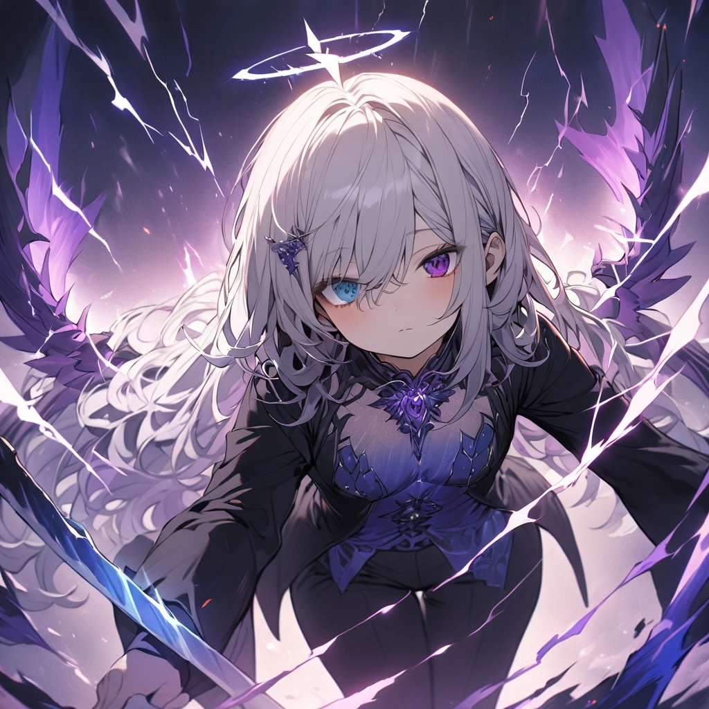 elementary, Shadow Surrounding Girl, lightning, Green Aura, Red aura, Purple aura, Flames surrounding the girl, masterpiece, Dark Theme, Highest quality, Maximum details, Very fine eye, Professional coloring, cinematic lightning, Remaining, Written boundary depth, Backlight, One Girl, Young girl, Silver Hair, Long Hair, Hair between the eyes, Black Halo, Shining blue sea, Blue Flame, Large, black, translucent magical wings on his back, Fantasy-inspired costumes, Black long coat, shirt, Black trousers, Expressionless, Heterochromia iridis, Deep purple left eye, Blue right eye, Odd Eye, Show a close-up of your face, Facing forward, Countless magical swords are floating, Slashing Effects