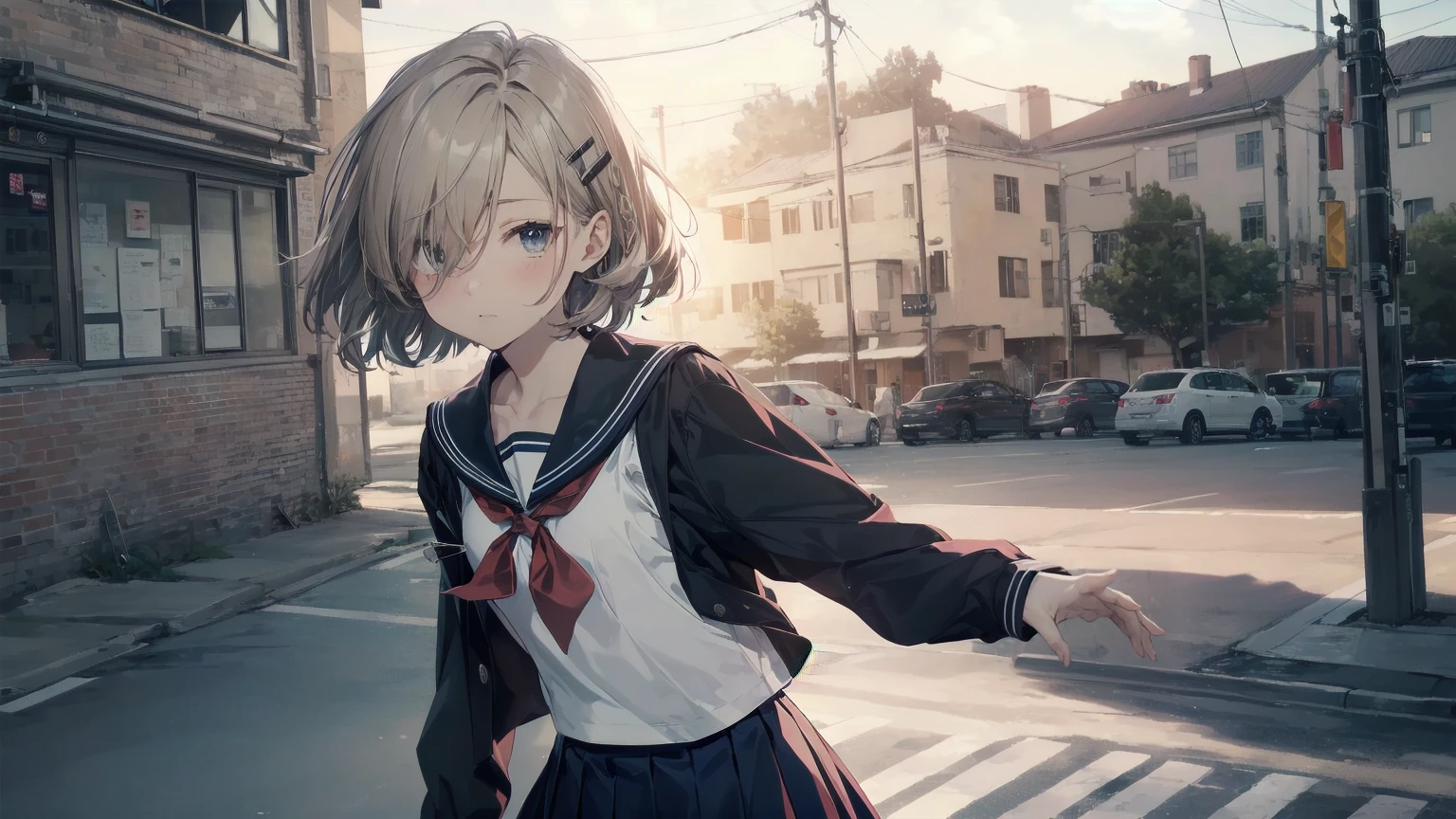 Highest quality, Anime Moe Art Style,Best Anime 8K Konachan Wallpaper,pixiv contest winners,Perfect Anatomy, (Please draw a girl walking sleepily to school.... ),break, 1 Girl, (alone,,,:1.3),high school student, short hair, amount, (Hair above one eye:1.7),All limbs, Full Finger,Medium Chest, Between the legs, Small eyes,accurate black eyes, Hair Clip, (Sailor suit:1.5),(school uniform:1.5) skirt,On the way to school. break,Very detailed,High resolution,ultra high density skin, Professional Lighting,8K eye detail, (Cute illustrations:1.2),Expressionless,(Hair on one eye:1.5),Sailor suit