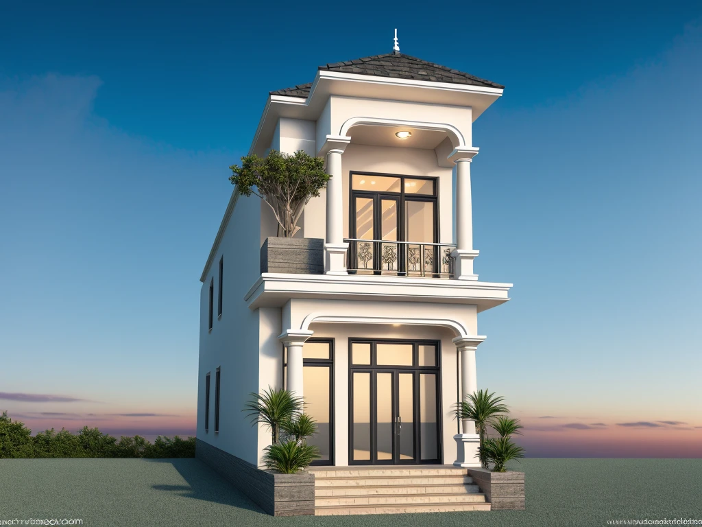 PLATFORM KTHOUSE, neoclassical villa, main materials of the villa are white walls: 1.2 and stone: 1.2, ((stone fence : 1.2)), 1 track in front of the house, (RAW photo, real, best quality, masterpiece: 1.2 ), neoclassical style, blue sky :1.3, (super realistic, actual photo:1.2), high quality, (sunrise light:1.3), perfect lighting, Archdaily, ((many green trees))