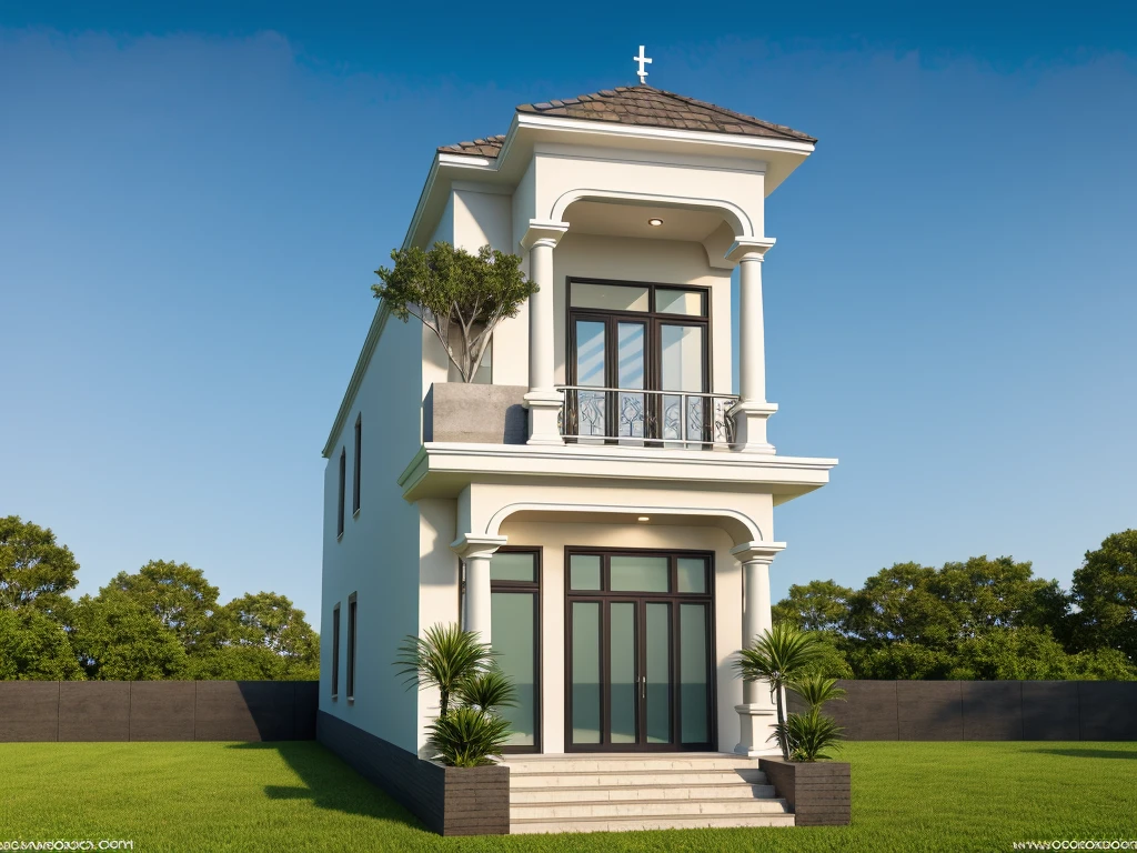 PLATFORM KTHOUSE, neoclassical villa, main materials of the villa are white walls: 1.2 and stone: 1.2, ((stone fence : 1.2)), 1 track in front of the house, (RAW photo, real, best quality, masterpiece: 1.2 ), neoclassical style, blue sky :1.3, (super realistic, actual photo:1.2), high quality, (sunrise light:1.3), perfect lighting, Archdaily, ((many green trees))