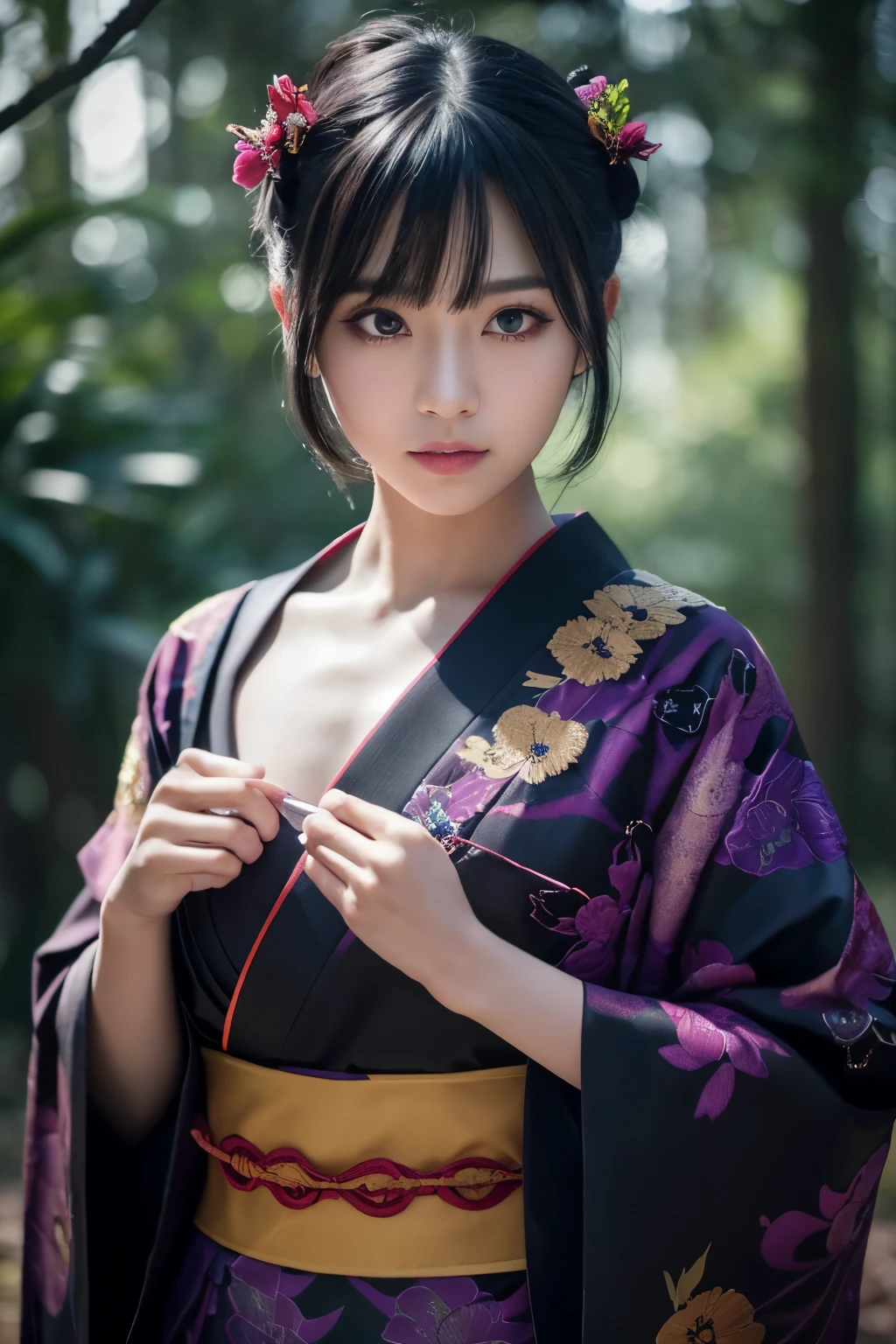 8K,Women in traditional Japanese costumes fighting,(Dark Shot:1.4), 80mm, (Dark Shot:1.4), 80mm, A magnificent reality, Big eyes,Black short bob hair,Black and purple butterfly hair ornament,Black kimono and red obi,Black and purple butterfly pattern(Intricate butterfly embroidery),Purple eyes(Purple Effect),mat, art,Horror movie lights, Photo Lab, High resolution, 複雑で非常にdetailed, (Depth of written border:1.4), (Dark Shot:1.22), (artステーション:1.2), 超detailedな, dramatic, Intricate details, (Technicolor:0.9), (Rutkowski:0.8), Like a horror movie, detailed, Soft Light, sharp, Exposure Blending, Medium Shot, (Noir:0.4), horror light,sharp, Exposure Blending、Medium Shot,Photorealistic RAW photos of the highest quality。Backlight, Cinema Lighting, Film Grain, to be born, 50mm lens, Nikon D850,Realistic Skin,ファンタジーart,キャラクターart,超High resolution,Muscular and slim body,in the forest,super Realistic Skin,Late Night,Underworld demon makeup,Demon Makeup,Battle Scenes,Action Scenes,Action pose,激しいAction pose,fierce fighting,Holding a dagger,Acrobatic pose,Fighting Style,flower,