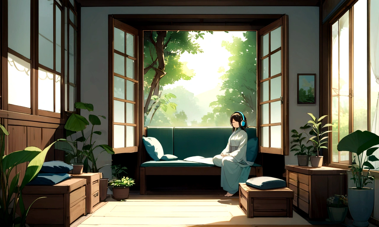 Girl wearing headphones, Meditating, Open Window, Bedroom, tranquil ambiance, Soft sunlight, Cozy atmosphere, Relaxing music, Serene expression, Closed eyes, comfortable seating, wooden floor, floral curtains, Green plants, Natural breeze, Calm atmosphere, the soft light, serene environment, stillness, Harmony, inner peace, deep relaxation, Soothing colors, positive energy, Mindfulness, Solitude, introspective, The inner journey, peacful, Escape the outside world