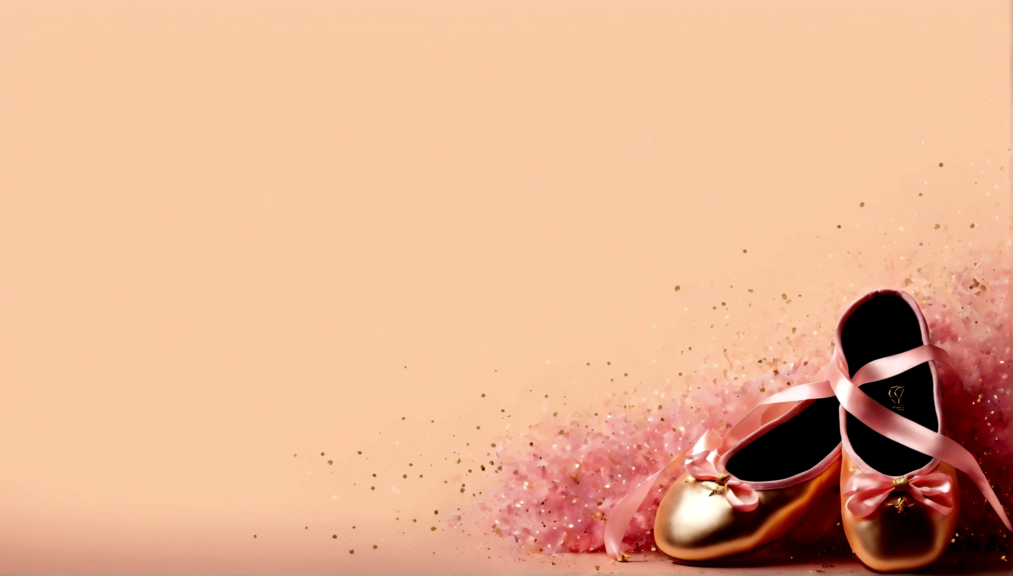 This is a banner image；A poster；There is a pair of pink ballet shoes in the picture，There are some golden ribbons underneath。The background is pink，Add some gold sprinkle effects。