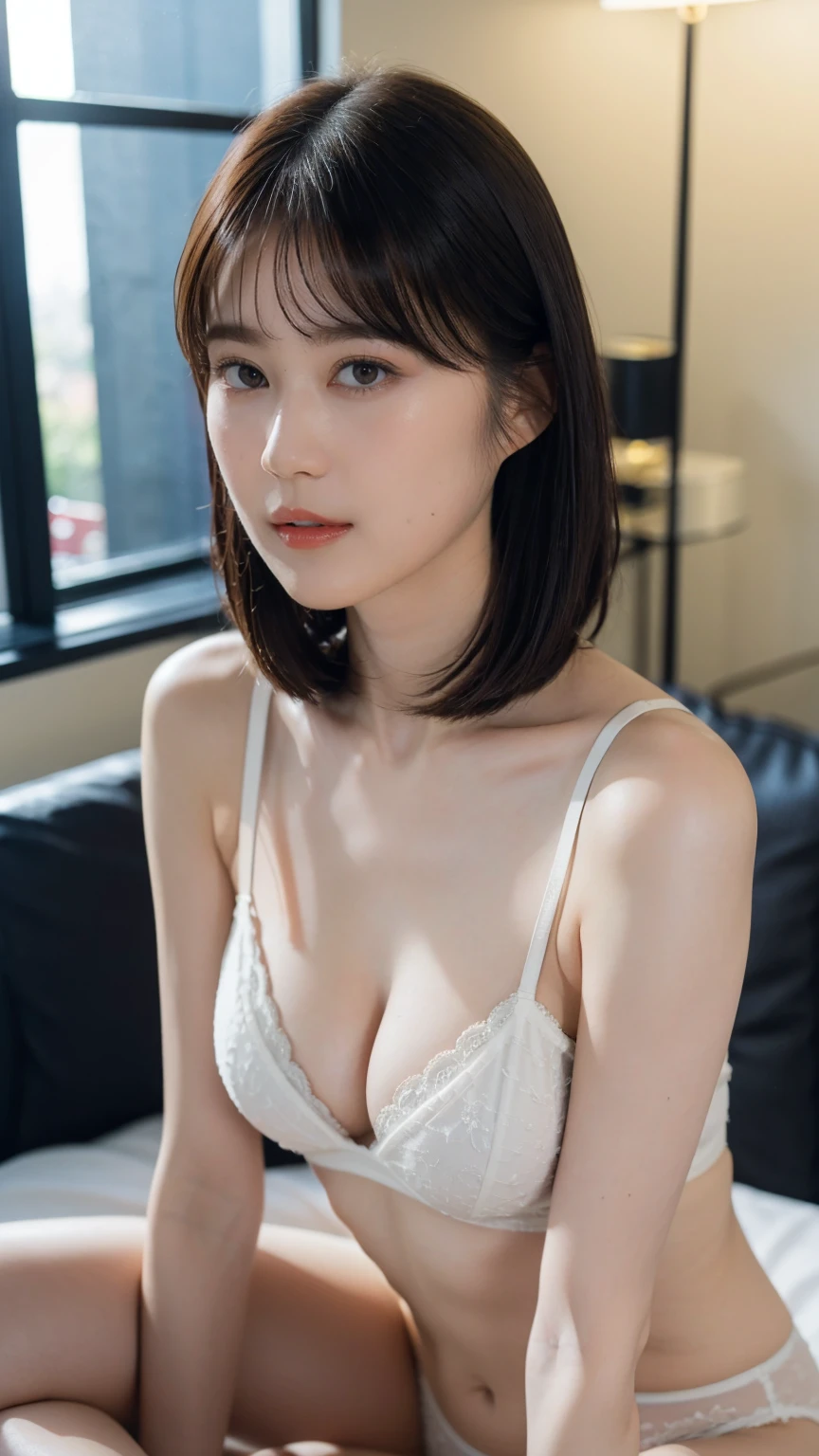 realistic photos of (1 cute Korean star) flipped hair, thin makeup, (big breasts size), sexy erotic G-string lingerie, at the market, clear facial features of Canon EOS, 16k, high resolution, sharp and realistic details,  overexposure, cut-in, UHD, high res, best quality, show perfect legs, sitting