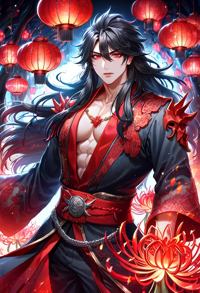 absurdres, highres, ultra detailed, HDR, master piece, best quality, extremely detailed face, delicated features, Xue Yu, untamed spiky hair, black hair, long hair, hair between the eyes, expressive red eyes, Thousand Years War, solo, sexy man, handsome, toned chest, black haori, red fantasy robes, black pants, red moon, red blood, fantasy, magic, envy magical, forest, red spider lilies, red lanterns, red fire, red floating round lights