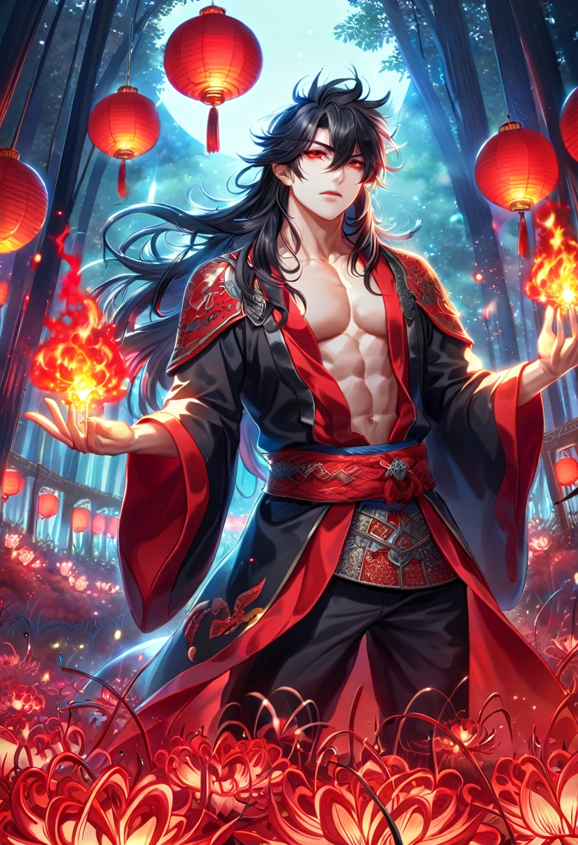 absurdres, highres, ultra detailed, HDR, master piece, best quality, extremely detailed face, delicated features, Xue Yu, untamed spiky hair, black hair, long hair, hair between the eyes, expressive red eyes, Thousand Years War, solo, sexy man, handsome, toned chest, black haori, red fantasy robes, black pants, red moon, red blood, fantasy, magic, envy magical, forest, red spider lilies, red lanterns, red fire, red floating round lights