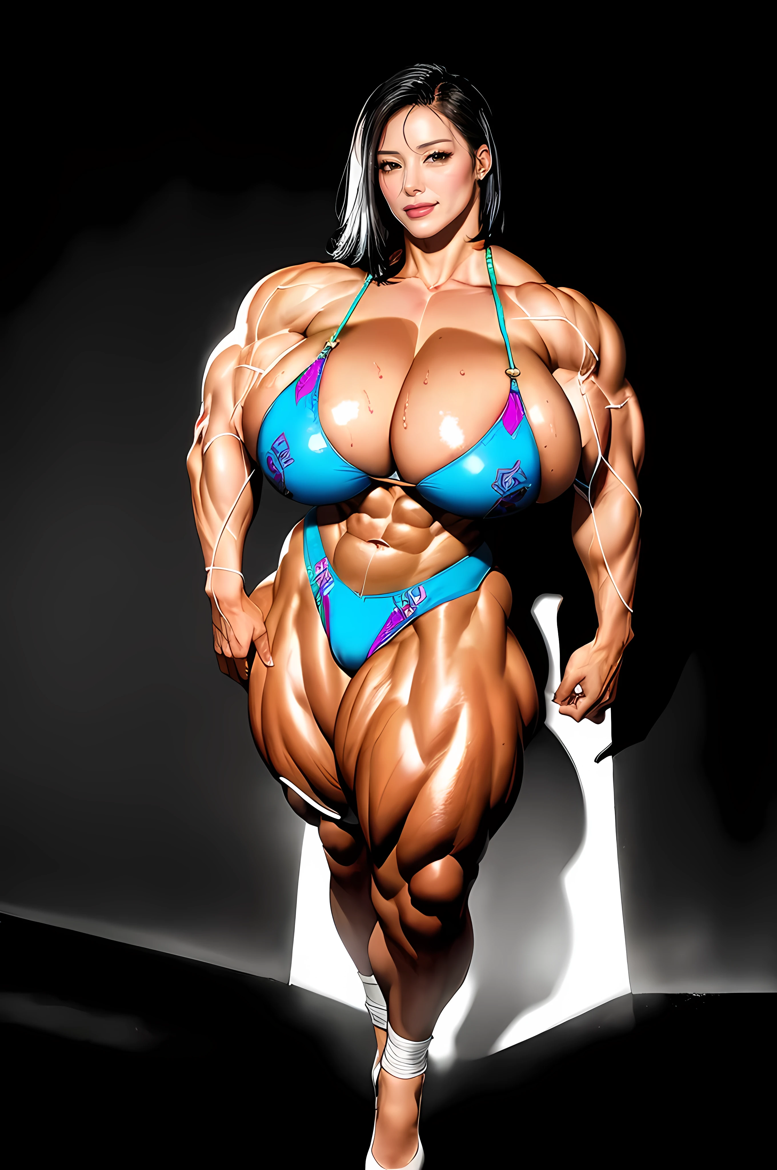 (Masterpiece), (Full Body:1.5), detailed short messy black hair, solo, thick thighs, wide hips, (Massive Female Bodybuilder:1.7), (huge breasts:1.7), shiny skin, shiny glossy skin, WET skin, wet body, glossy skin, oily skin, Mediterranean tan, high contrast, realistic skin, skin pores, intricate detail, black background, high contrast, realistic skin, skin pores, intricate detail, raw photo, glossy lips, luscious lips,