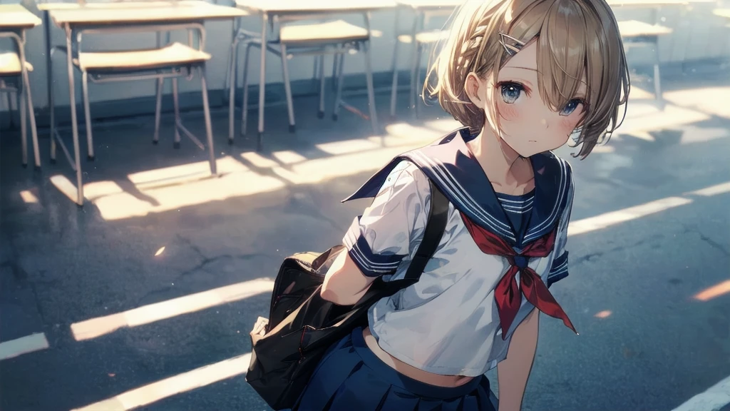 Highest quality, Anime Moe Art Style,Best Anime 8K Konachan Wallpaper,pixiv contest winners,Perfect Anatomy, (Please draw a girl walking sleepily to school...... ),break, 1 Girl, (alone,,,13 years old:1.3),high school student, short hair, amount, (Hair above one eye:1.7),All limbs, Full Finger,Medium Chest, Between the legs, Small eyes,accurate black eyes, Hair Clip, (Sailor suit:1.5),(school uniform:1.5) skirt,On the way to school. break,Very detailed,High resolution,ultra high density skin, Professional Lighting,8K eye detail, (Cute illustrations:1.2),hair,Expressionless,(Hair on one eye:1.5),Sailor suit