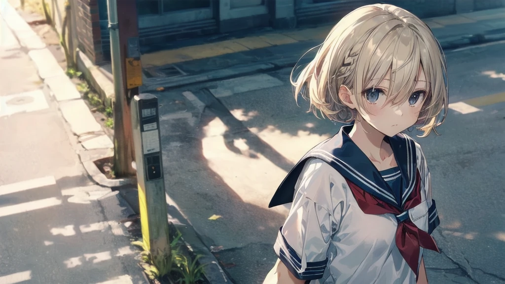 Highest quality, Anime Moe Art Style,Best Anime 8K Konachan Wallpaper,pixiv contest winners,Perfect Anatomy, (Please draw a girl walking sleepily to school...... ),break, 1 Girl, (alone,,,:1.3),high school student, short hair, amount, (Hair above one eye:1.7),All limbs, Full Finger,Medium Chest, Between the legs, Small eyes,accurate black eyes, Hair Clip, (Sailor suit:1.5),(school uniform:1.5) skirt,On the way to school. break,Very detailed,High resolution,ultra high density skin, Professional Lighting,8K eye detail, (Cute illustrations:1.2),hair,Expressionless,(Hair on one eye:1.5),Sailor suit