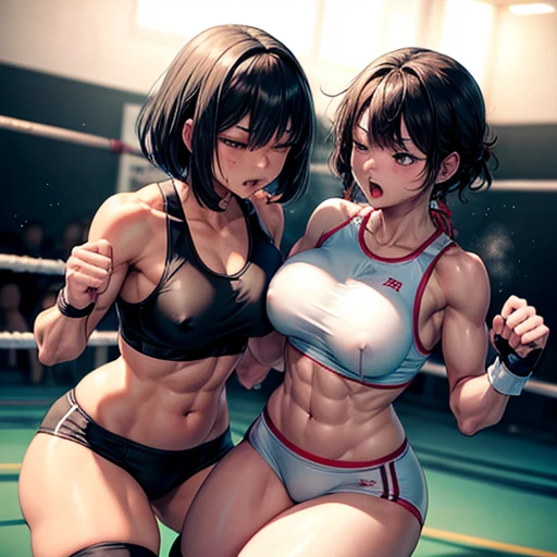 Two injured Japanese sexy musclar female heavy weight mixed martial artists are dynamic fighting in the ring。Short black hair。Glaring at someone。They are pushing opponent's body by fist so hard each other violently. Drooling from the mouth。One eye closed。Serious expression。A fighting expression。Drenched in sweat。A well-trained body。Six Pack Abs。very huge breasts。Erect nipples。Open Finger Gloves。shortness of breath。sports-bra. bikini. knee-high socks. arm cover. Very thick thighs and arms.