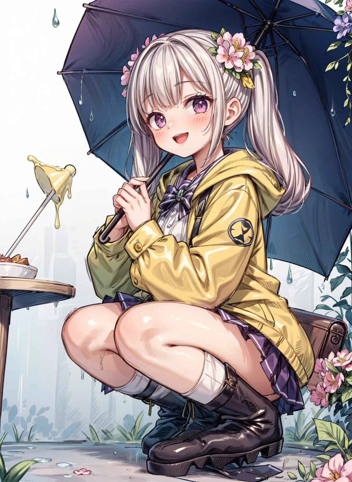 One Girl,rainbow,raincoat,yellow raincoat,rubber Knee-high boots,Hydrangea,flower,Long Hair,Twin tails,Knee-high boots,blush,umbrella,Open your mouth,hair ornaments,Food,alone,Terboz,very Long Hair,Food up,Long sleeve,Low Ponytail,bow,bangs,smile,animal Food,closed umbrella,puddle,Cowboy Shot、squat,:d,Yellow footwear, background,pink flower,Are standing,leaf umbrella,Holding umbrella,food-themed hair ornaments,hair bow,animal ears,Holding,bionde,hair flower,rain,animal,Gray Hair、Light purple eyes、Bob Hair、Laughter、Purple Raincoat、((((heavy,Girl who pees in front of her)))),((Girl peeing forward、A girl urinating vigorously in front of her、Girl urinating a lot in front)), NSFW