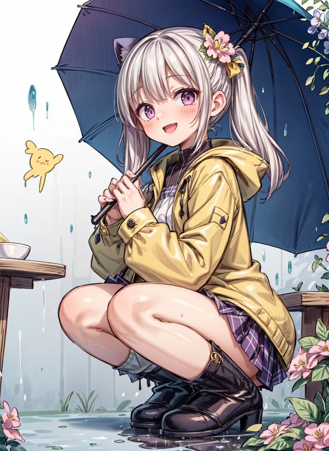 One Girl,rainbow,raincoat,yellow raincoat,rubber Knee-high boots,Hydrangea,flower,Long Hair,Twin tails,Knee-high boots,blush,umbrella,Open your mouth,hair ornaments,Food,alone,Terboz,very Long Hair,Food up,Long sleeve,Low Ponytail,bow,bangs,smile,animal Food,closed umbrella,puddle,Cowboy Shot、squat,:d,Yellow footwear, background,pink flower,Are standing,leaf umbrella,Holding umbrella,food-themed hair ornaments,hair bow,animal ears,Holding,bionde,hair flower,rain,animal,Gray Hair、Light purple eyes、Bob Hair、Laughter、Purple Raincoat、(((((heavy,Girl who pees in front of her)))),((Girl peeing forward、A girl urinating vigorously in front of her、Girl urinating a lot in front)), NSFW,Golden liquid dripping from her ass)