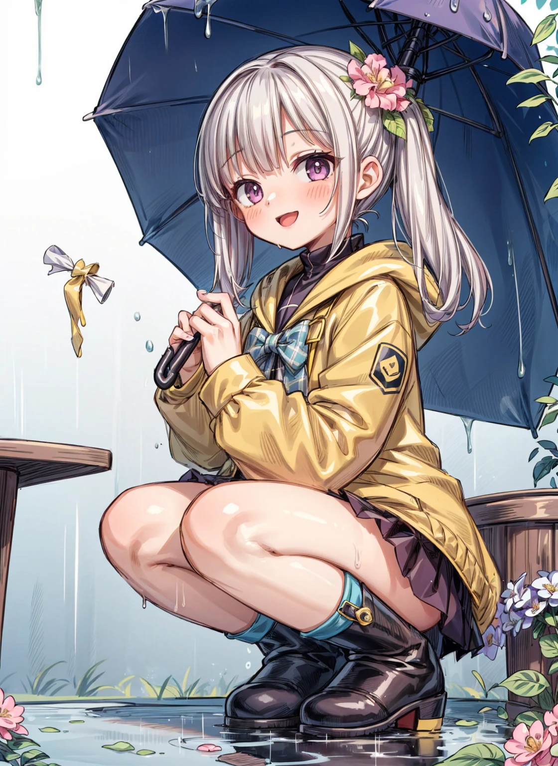 One Girl,rainbow,raincoat,yellow raincoat,rubber Knee-high boots,Hydrangea,flower,Long Hair,Twin tails,Knee-high boots,blush,umbrella,Open your mouth,hair ornaments,Food,alone,Terboz,very Long Hair,Food up,Long sleeve,Low Ponytail,bow,bangs,smile,animal Food,closed umbrella,puddle,Cowboy Shot、squat,:d,Yellow footwear, background,pink flower,Are standing,leaf umbrella,Holding umbrella,food-themed hair ornaments,hair bow,animal ears,Holding,bionde,hair flower,rain,animal,Gray Hair、Light purple eyes、Bob Hair、Laughter、Purple Raincoat、((((heavy,Girl who pees in front of her)))),((Girl peeing forward、A girl urinating vigorously in front of her、Girl urinating a lot in front)), NSFW