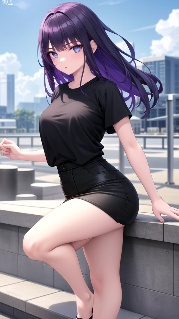 masterpiece, best quality, high quality, ,dark forsest, 1girl, solo, 19-year-old girl,female focus, looking at viewer , purple hair,black T-shirt ,black mini skirt , blue eyes, dare sky